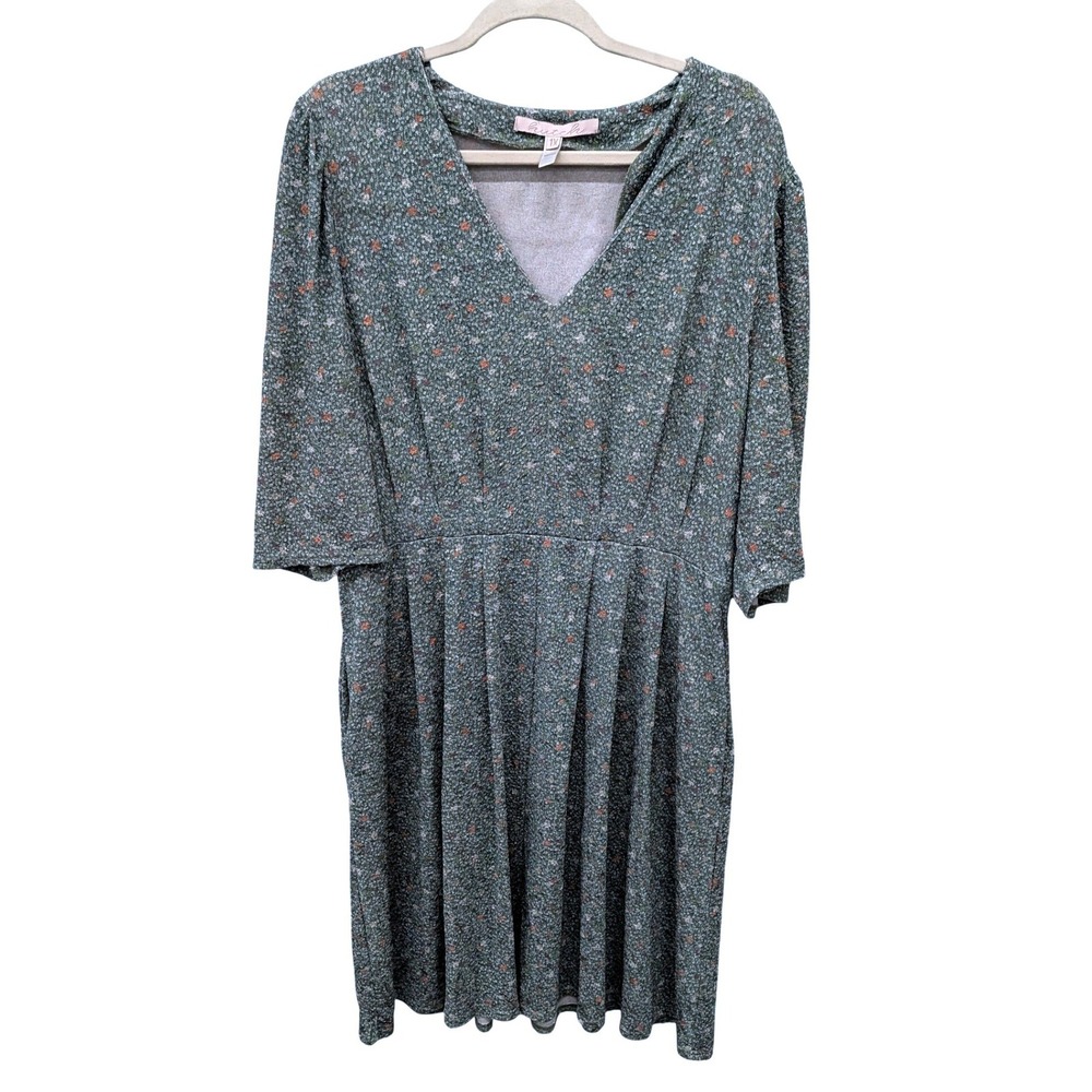 Hutch Anthropologie Green Floral V-Neck Puff Sleeve Mini Dress Pockets- 1X - Picture 2 of 7
